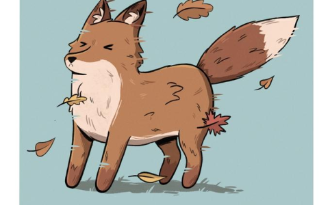 comic drawing of a fox, eyes closed, while wind blows leaves past, with the text 'it fucken wimdy'