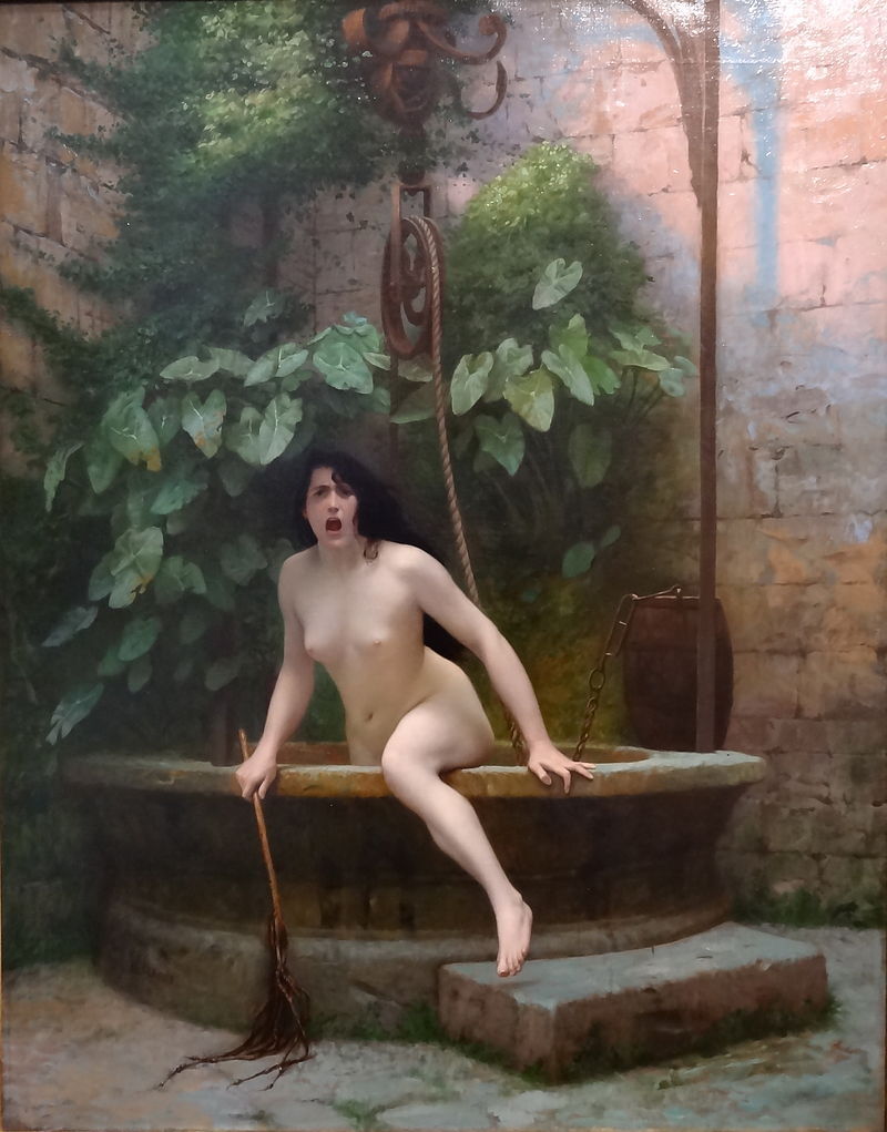 a naked woman, Truth, emerging from a well. famous painting reproduced faithfully as a photorealistic image.