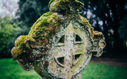 a celtic cross grave marker overgrown with green moss