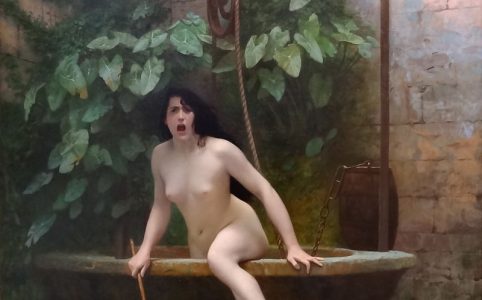a naked woman, Truth, emerging from a well. famous painting reproduced faithfully as a photorealistic image.