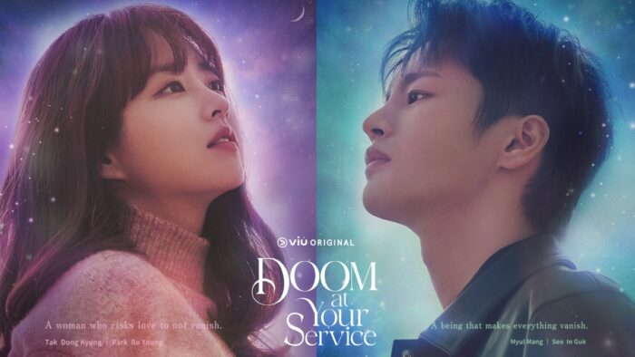 Doom At Your Service promo image showing Park Bo-young as Tak Dong-gyeong on the left, and Seo In-guk as Myeol Mang on the right.