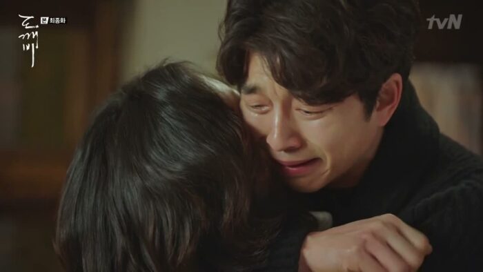 Gong Yoo as the Goblin from Guardian: the Lonely and Great God, sobbing as he holds the woman he loves