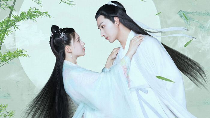 Love Better Than Immortality show art featuring Zhao Lusi as Chun Hua on the left, and Li Hongyi as Qiu Yue on the right. They are wearing light colored clothing.