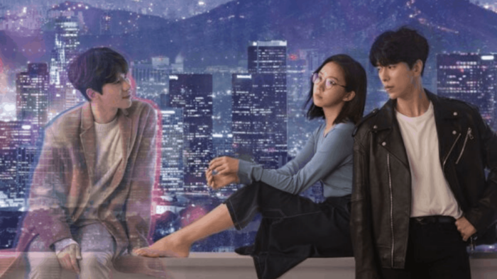 My Holo Love promo image showing Yoon Hyun-min as Holo on the left, Ko Sung-hee as Han So-yeon in the middle, and Yoon Hyun-min as Ko Nan-do on the right. Holo is wearing light colored clothes and the other two are wearing darker colored clothes.