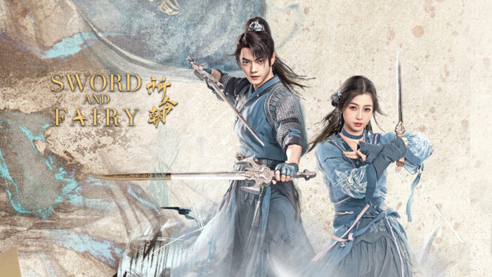 Sword and Fairy 6 promo image showing Xu Kai as Yue Jin Zhao on the left, and Esther Yu as Yue Qi on the right. They are wearing blue colored clothes.