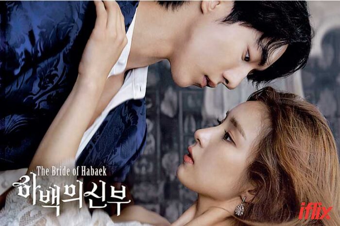 The Bride of Habaek promo image showing Nam Joo Hyuk as Habaek on the left wearing blue, and Shin Se Kyung as Yoon So Ah on the right wearing white.