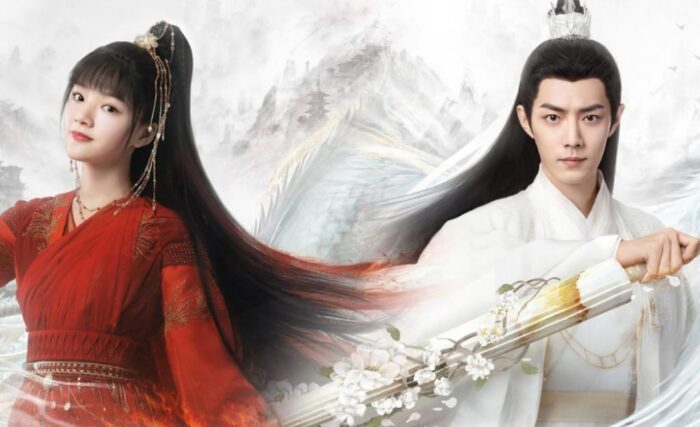 The Longest Promise promo image showing Ren Min as Zhu Yan on the left wearing red, and Xiao Zhan as Shi Ying on the right wearing white