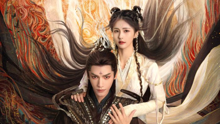 Till the End of the Moon show art featuring Luo Yunxi as the Demon Lord on the left in dark clothing, and Bai Lu as Li Su Su on the right in white and gold clothing.