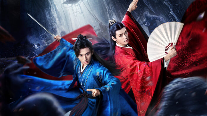 Word of Honor promo image showing Zhang Zhehan as Zhou Zhishu on the left wearing blue, and Gon Jun as Wen Kexing on the right wearing red.